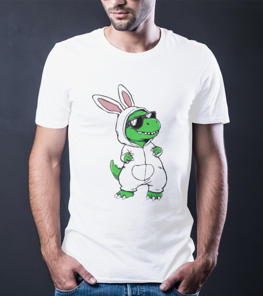 Cool Dino Wearing Easter Bunny Rabbit Costume With Sunglasses T-Shirt