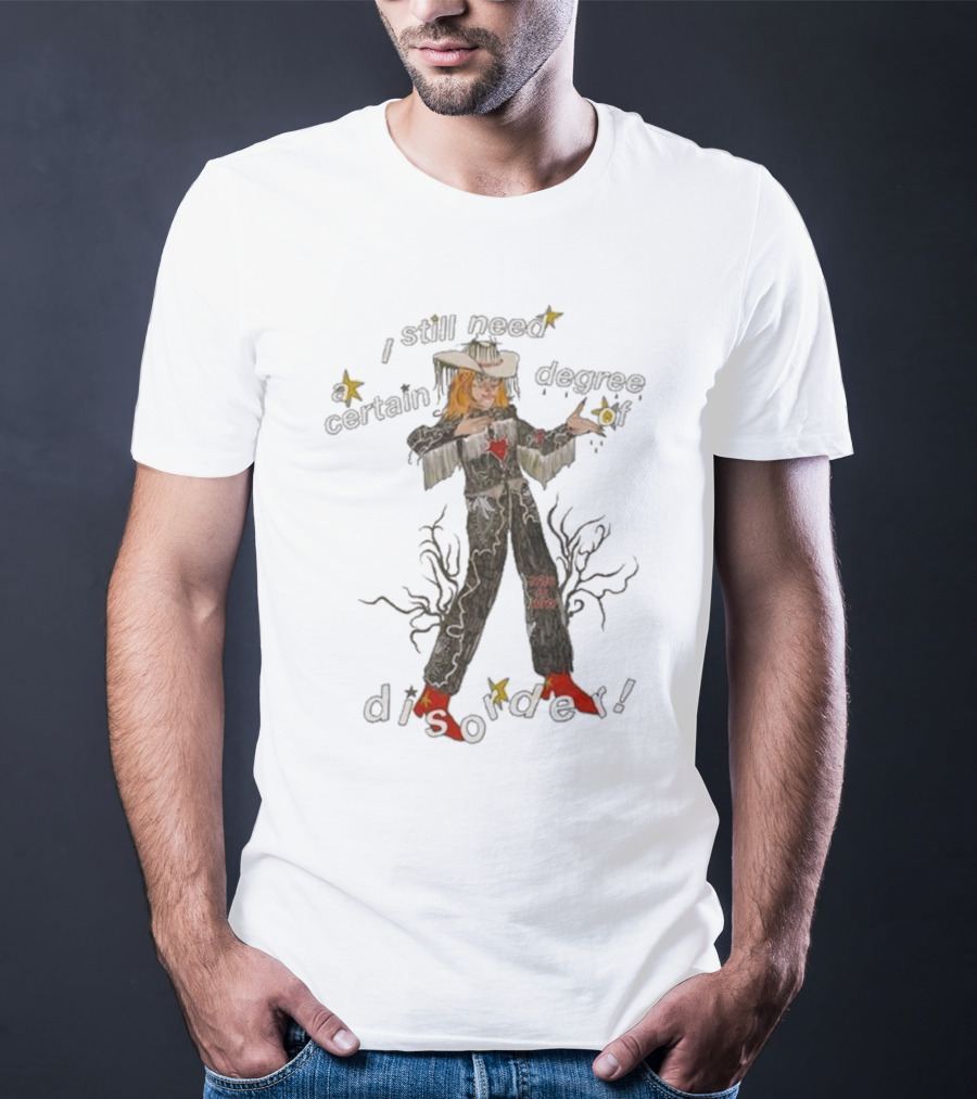 Cowboy Hayley I Still Need A Certain Degree Of Disorder Star Motif Western Outfit White Cowboy Hat Fringe Red Boots T-Shirt
