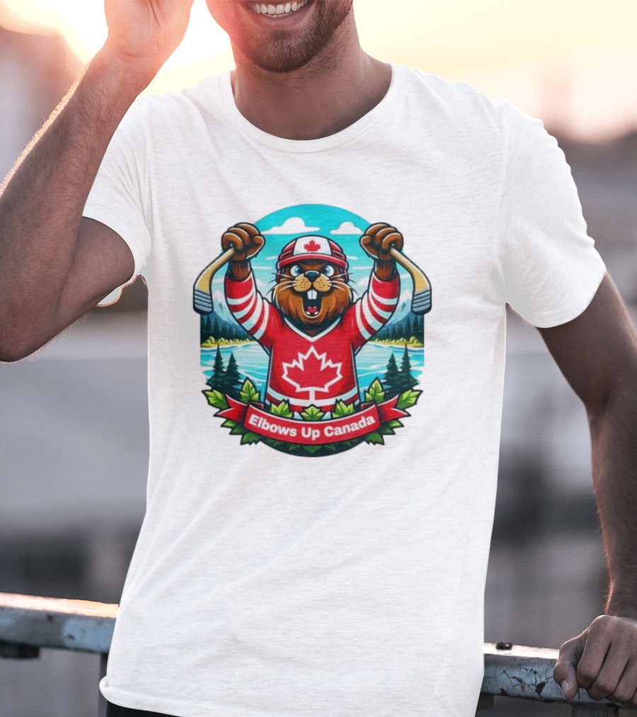 Elbows Up Canada Beaver Mascot Hockey Celebration Canadian Maple Leaf Forest T-Shirt
