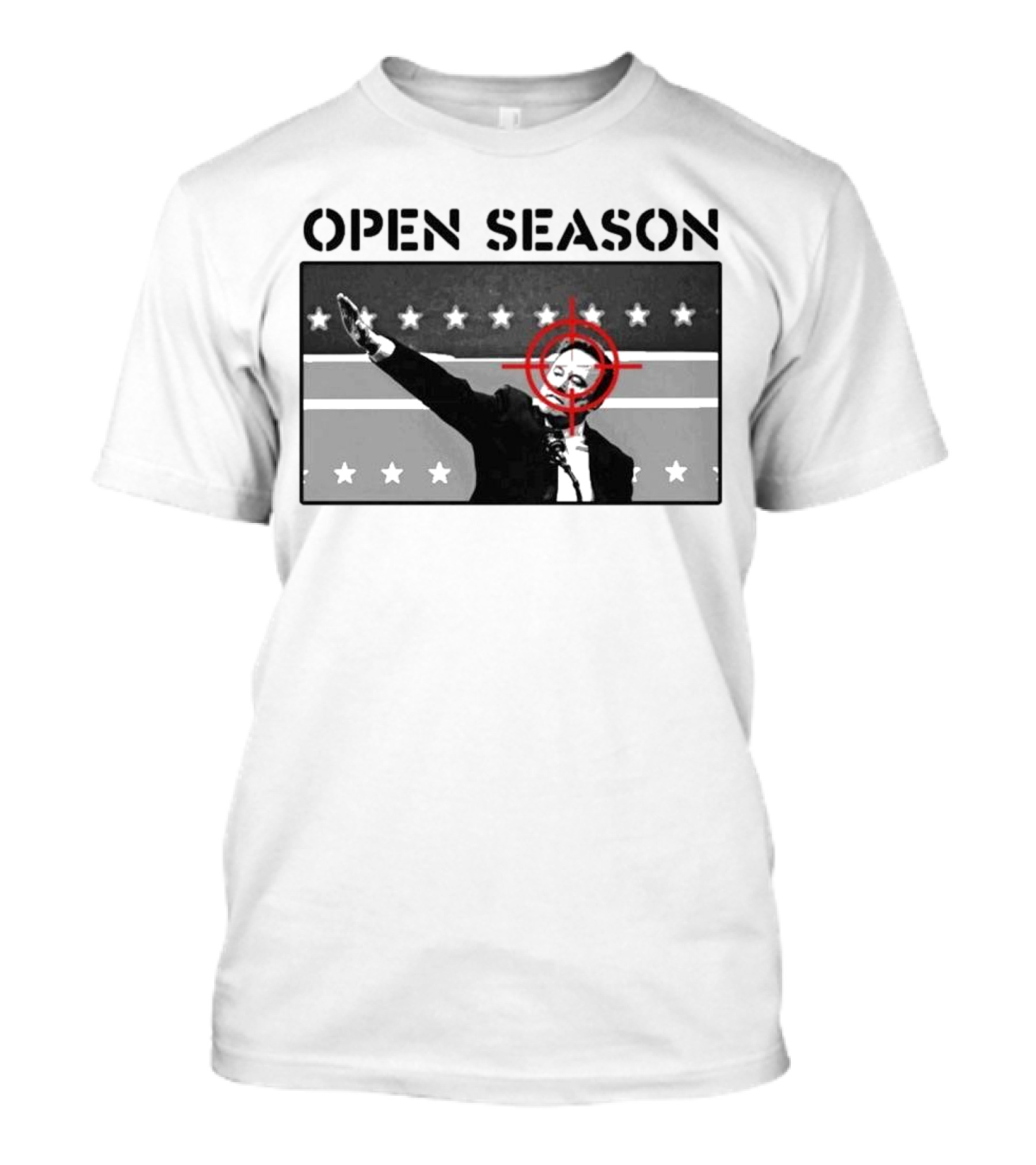 Unrecognizable Figure With Target Overlay Open Season Text T-Shirt