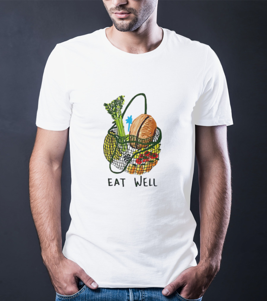 Eat Well Groceries In Mesh Bag With Baguette Broccoli Tomato T-Shirt