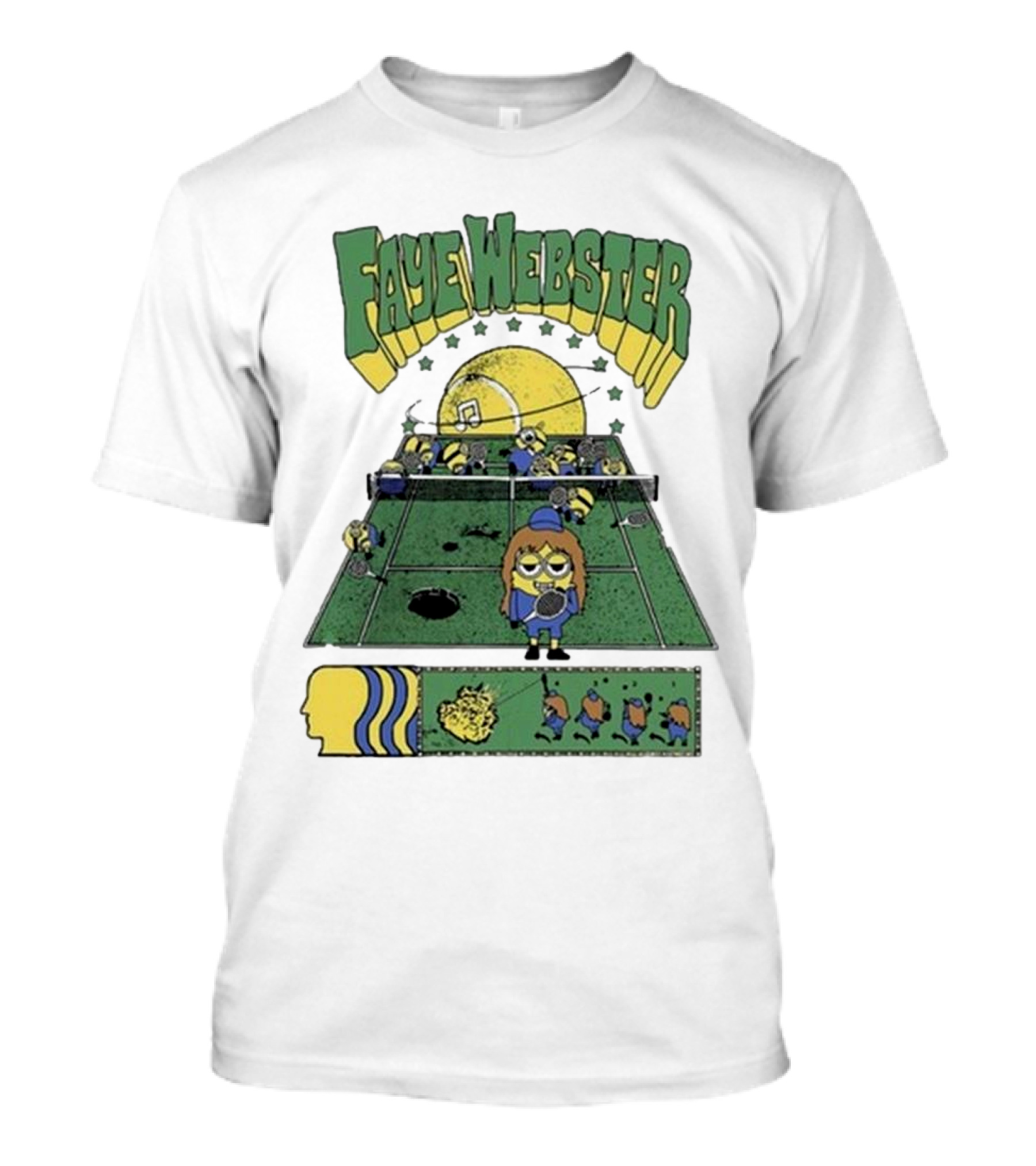 Faye Webster Brain Dead Tennis Court Scene With Yellow Characters And Sports Imagery T-Shirt