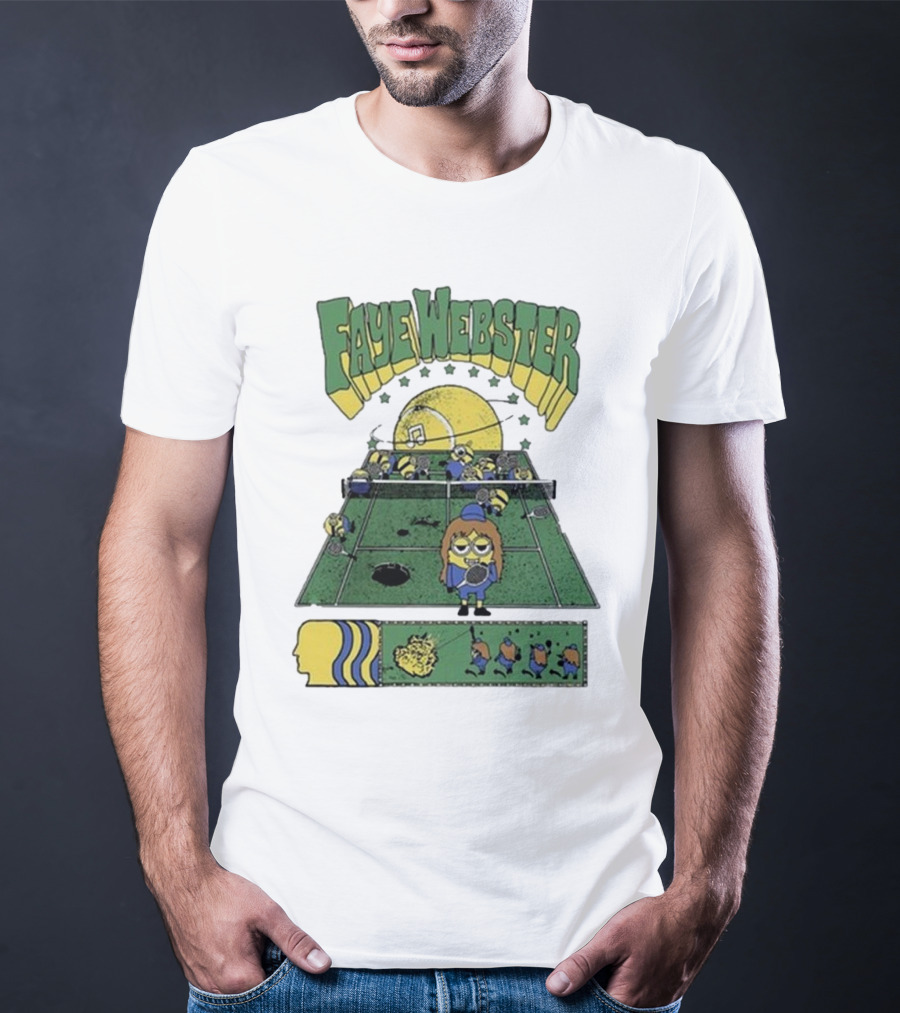 Faye Webster Brain Dead Tennis Court Scene With Yellow Characters And Sports Imagery T-Shirt