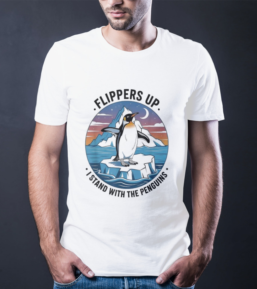Flippers Up I Stand With The Penguins Iceberg Sunset Scene T-Shirt