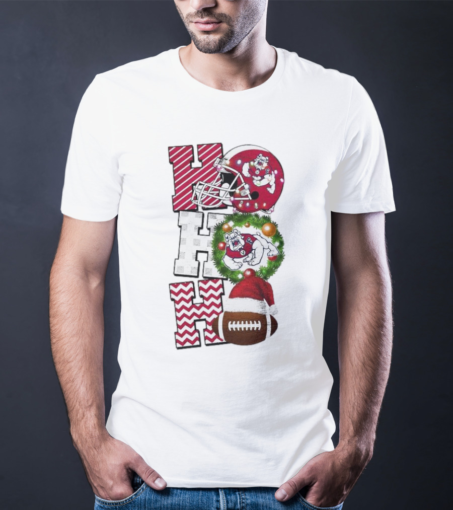 Fresno State Bulldogs Football Christmas Helmet Wreath Santa Hat Rugby T-Shirt