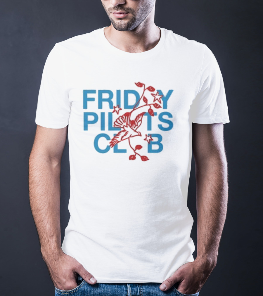 Friday Pilots Club Dove Red Bird Flowers Blue Text T-Shirt