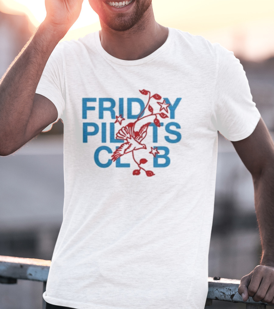 Friday Pilots Club Dove Red Bird Flowers Blue Text T-Shirt