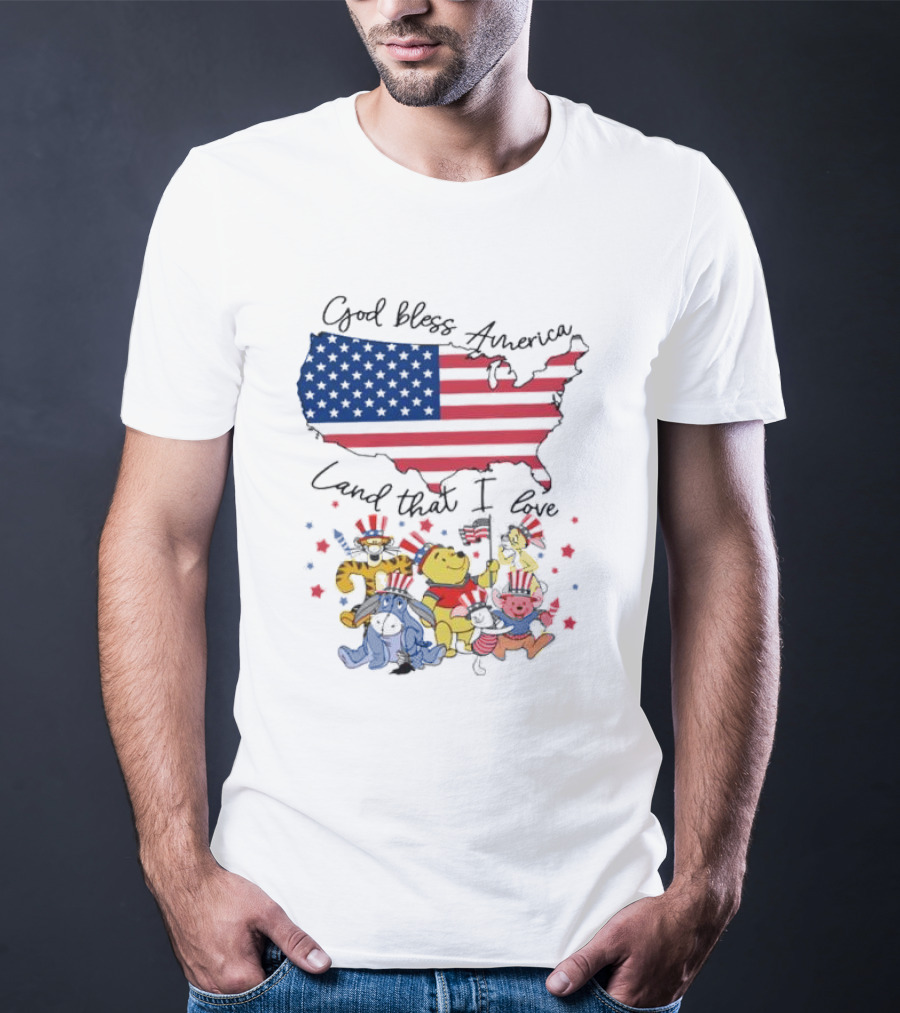 God Bless America Land That I Love Winnie The Pooh USA Flag T-Shirt