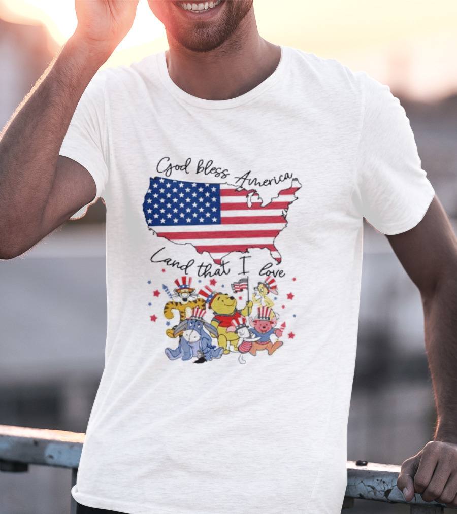 God Bless America Land That I Love Winnie The Pooh USA Flag T-Shirt