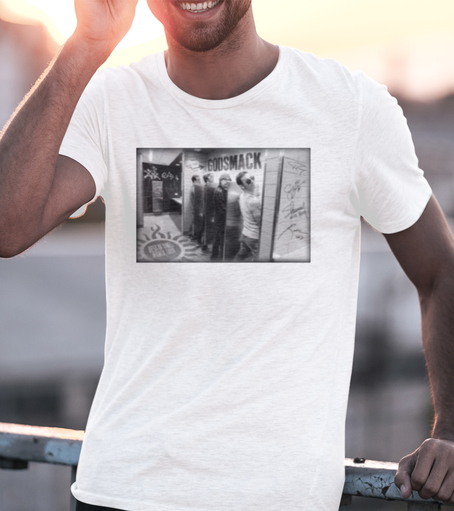 Godsmack Band Autographed Bathroom Photo With Guitar And Sun Symbol T-Shirt