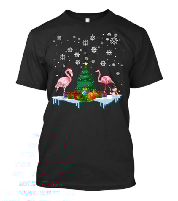 Flamingo Merry Snowflakes Christmas Tree And Santa Hat T-Shirt