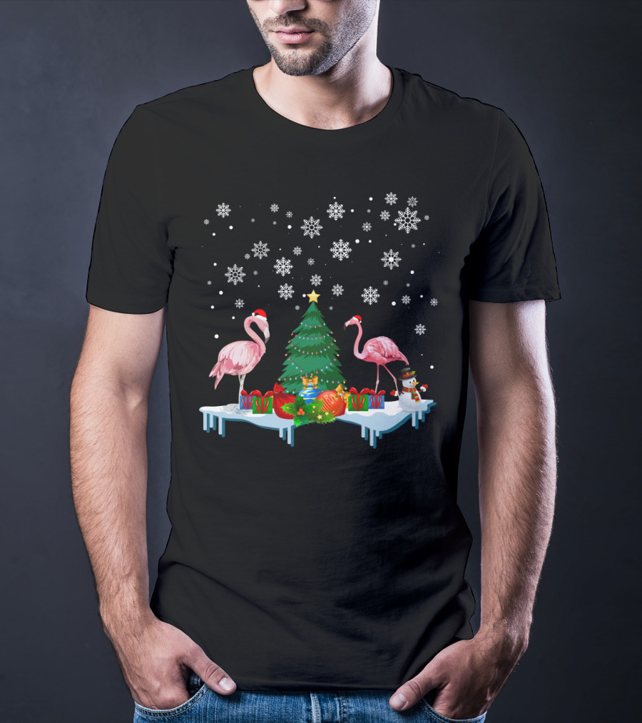 Flamingo Merry Snowflakes Christmas Tree And Santa Hat T-Shirt