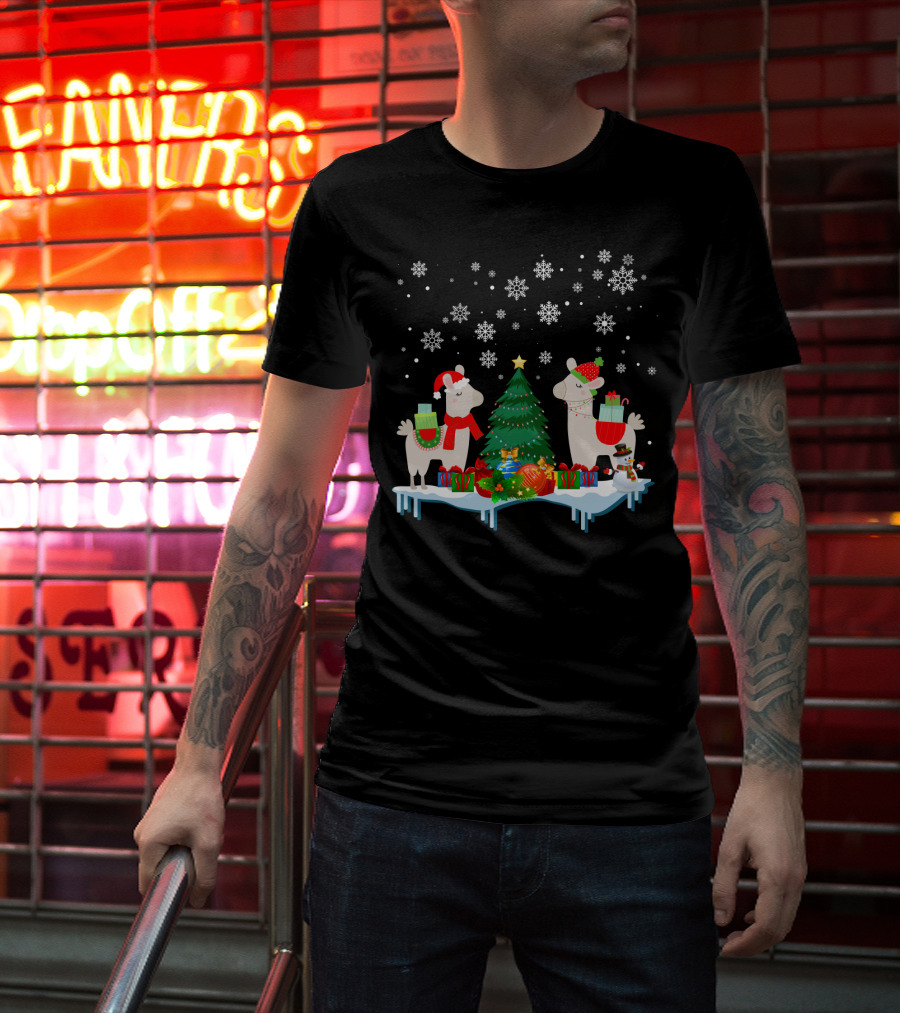 Llamas Merry Christmas Snowflakes Presents Tree T-Shirt