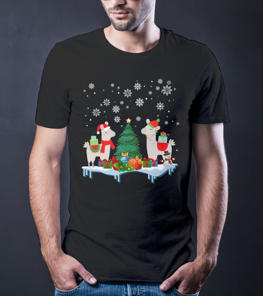Llamas Merry Christmas Snowflakes Presents Tree T-Shirt