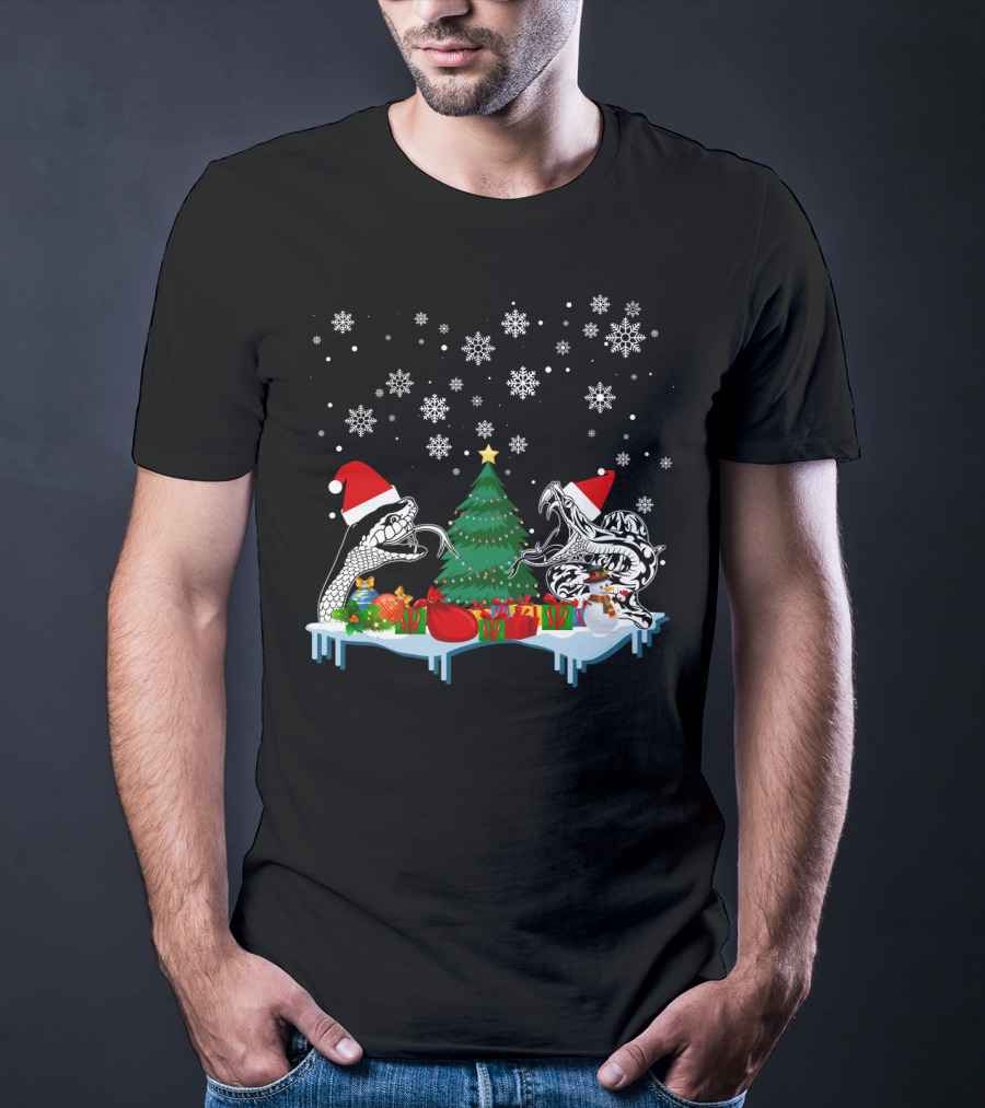 Snake Merry Christmas Snowflakes Santa Hats Holiday Scene T-Shirt