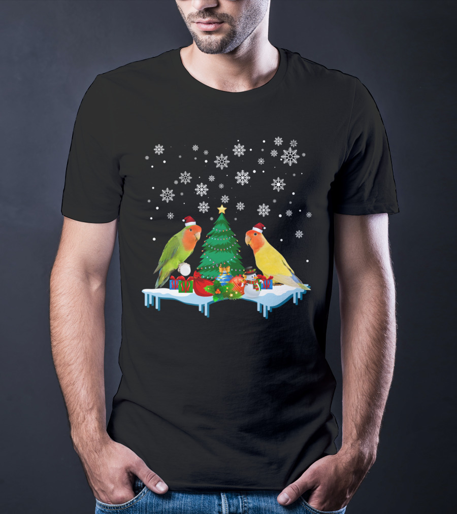 Lovebird Merry Christmas Snowflakes Tree Santa Hats T-Shirt