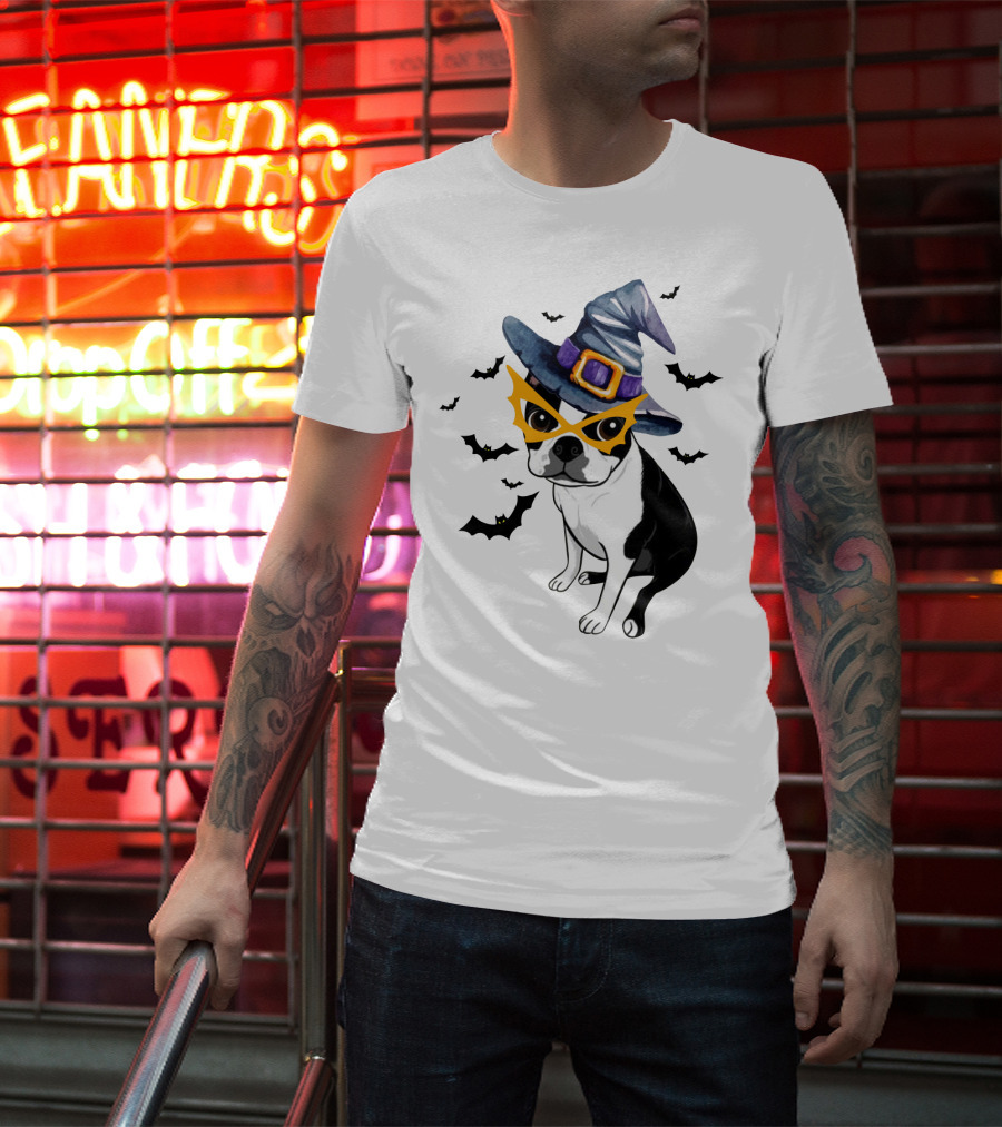 Boston Terrier Wears Witch Hat And Mask With Bats T-Shirt