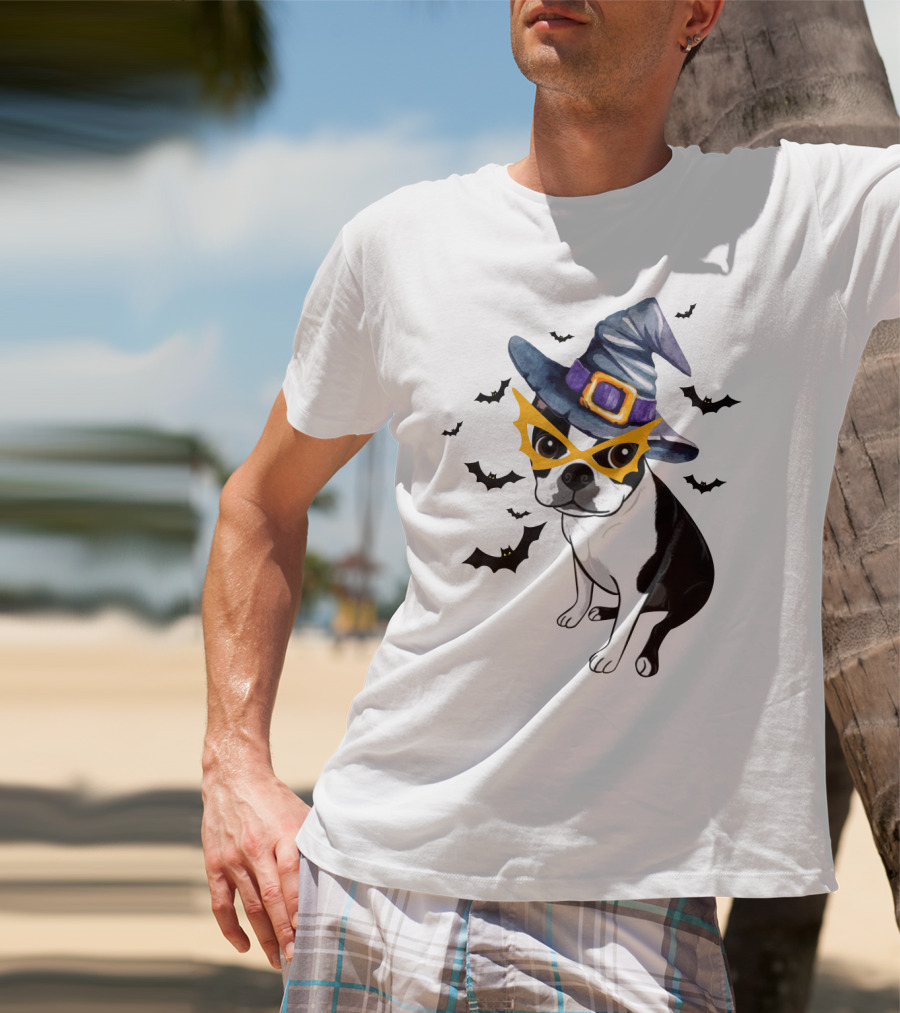 Boston Terrier Wears Witch Hat And Mask With Bats T-Shirt