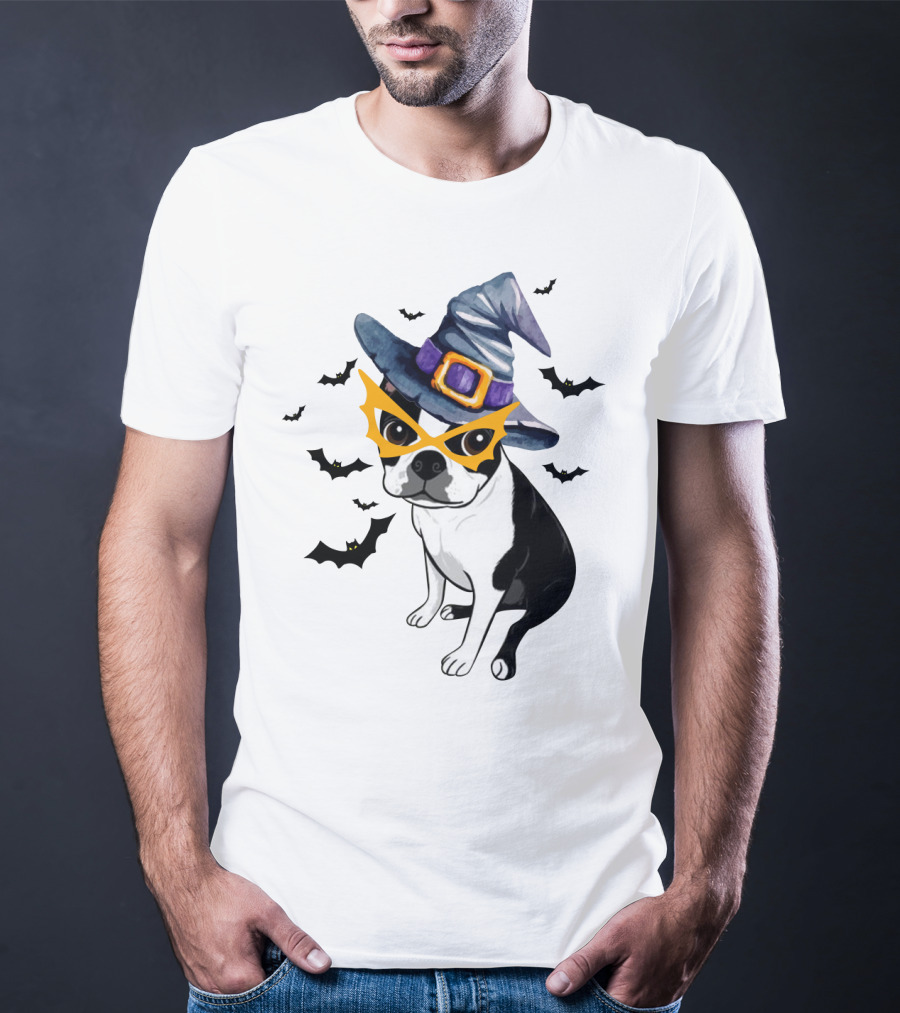 Boston Terrier Wears Witch Hat And Mask With Bats T-Shirt