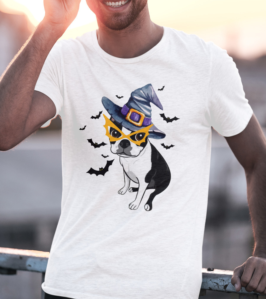 Boston Terrier Wears Witch Hat And Mask With Bats T-Shirt