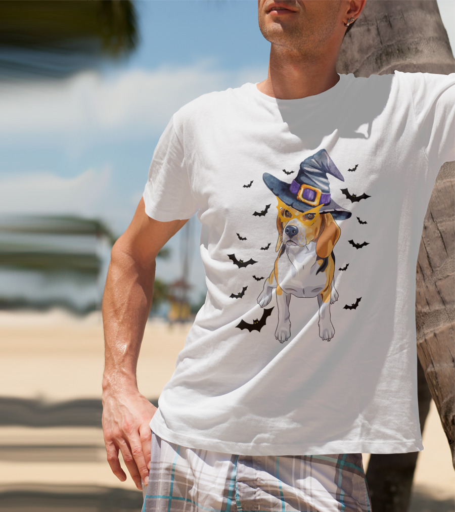 Beagle Wears Halloween Witch Hat Surrounded By Flying Bats T-Shirt