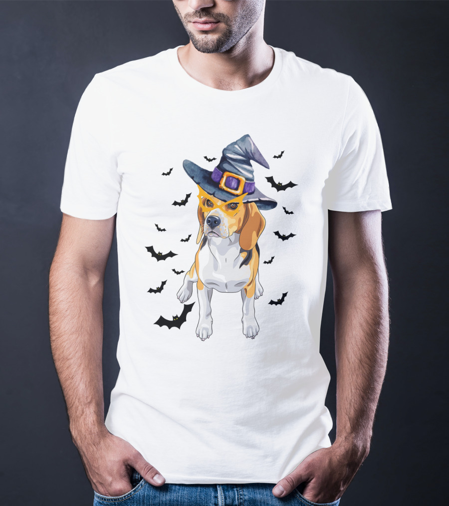 Beagle Wears Halloween Witch Hat Surrounded By Flying Bats T-Shirt