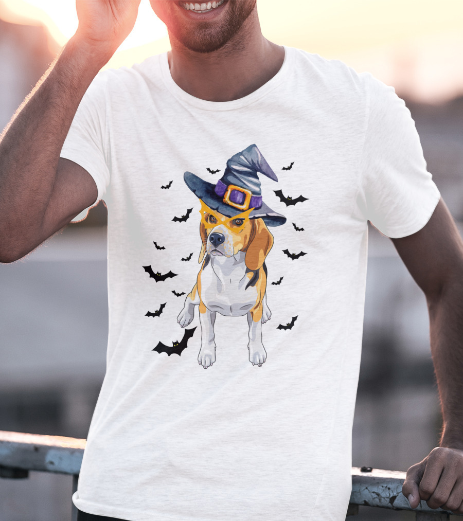 Beagle Wears Halloween Witch Hat Surrounded By Flying Bats T-Shirt