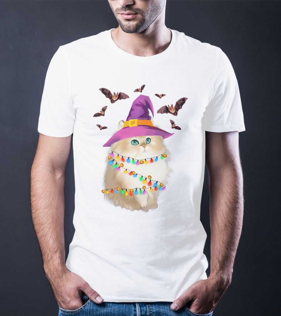 Fluffy Cat In Witch Hat With Halloween Bats And Colorful Christmas Lights T-Shirt