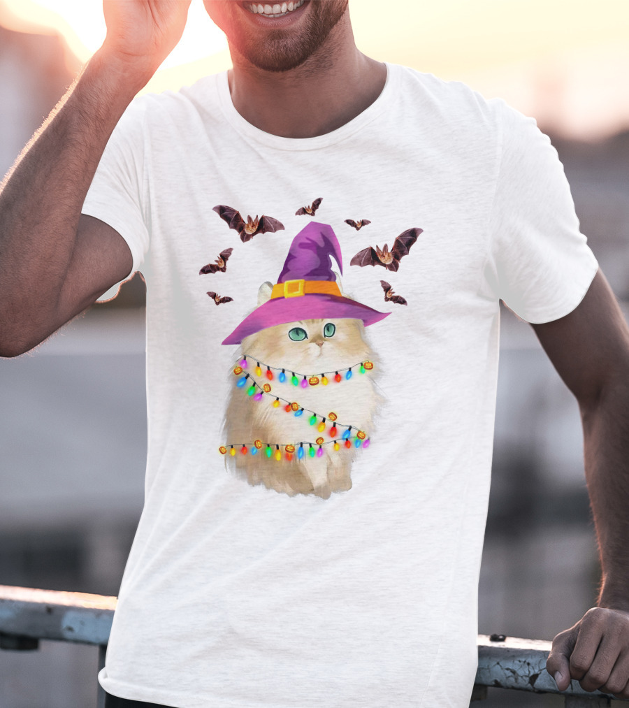 Fluffy Cat In Witch Hat With Halloween Bats And Colorful Christmas Lights T-Shirt
