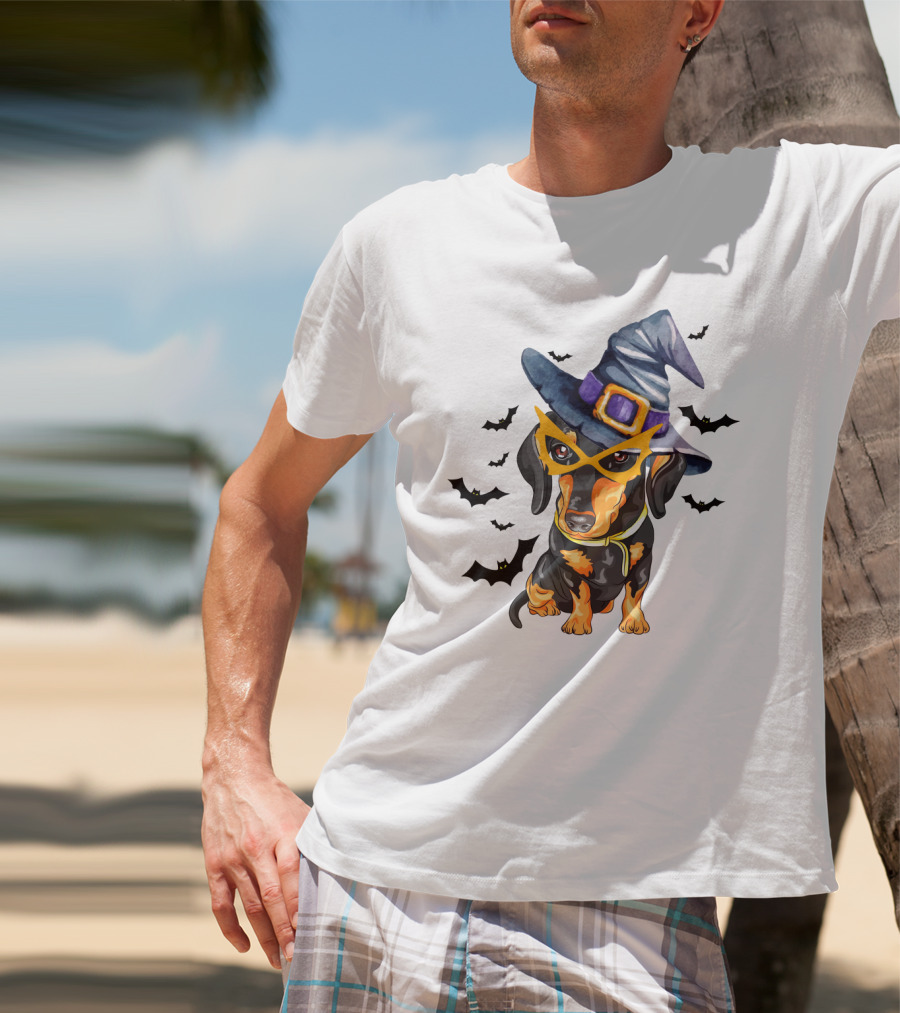 Dachshund Wears Witch Hat And Glasses Surrounded By Bats T-Shirt