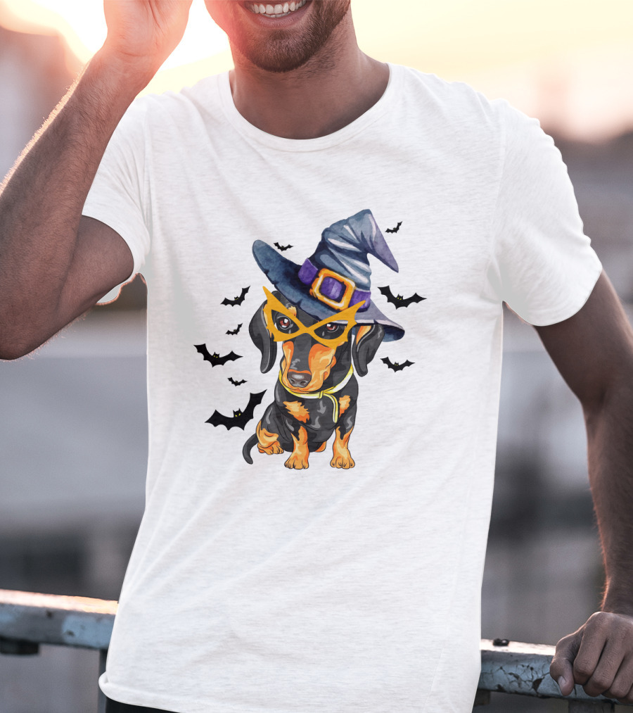 Dachshund Wears Witch Hat And Glasses Surrounded By Bats T-Shirt