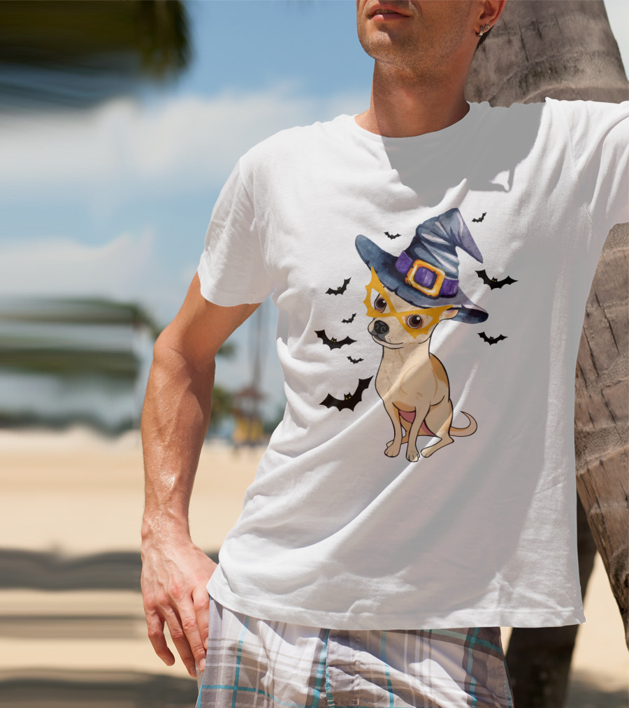 Chihuahua In Witch Hat With Halloween Bats T-Shirt