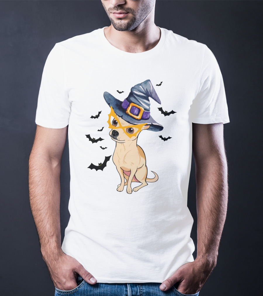 Chihuahua In Witch Hat With Halloween Bats T-Shirt