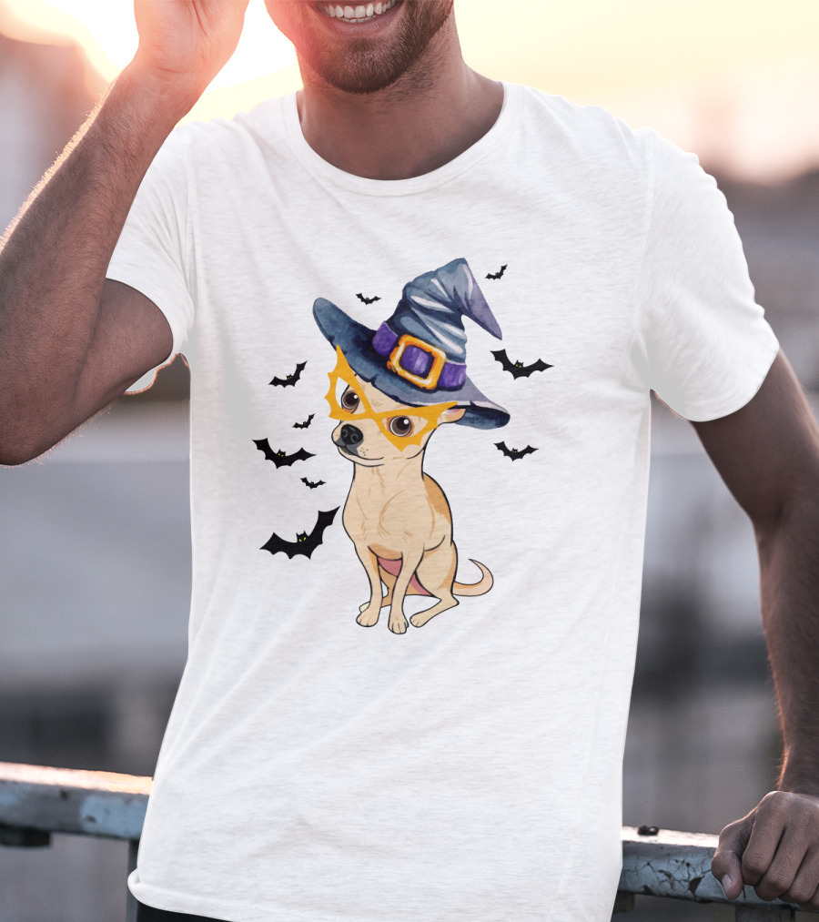 Chihuahua In Witch Hat With Halloween Bats T-Shirt