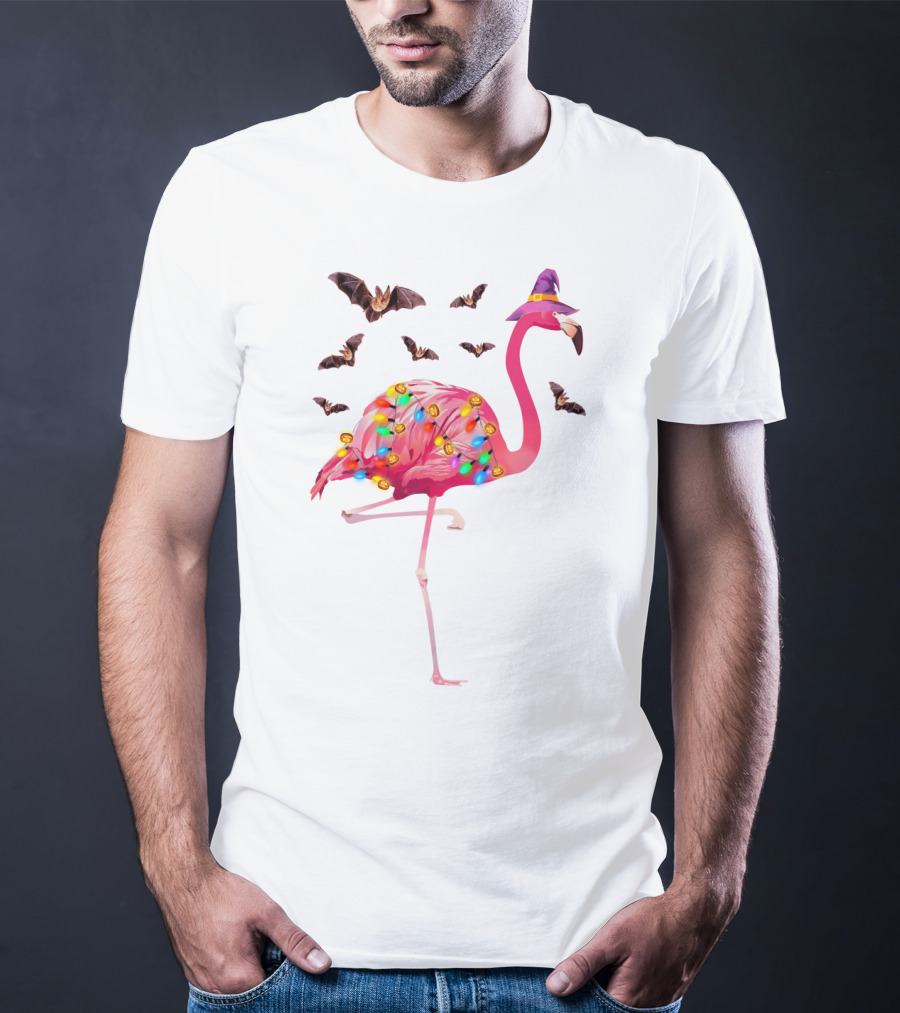 Flamingo In Witch Hat With Halloween Bats And Colorful Lights T-Shirt