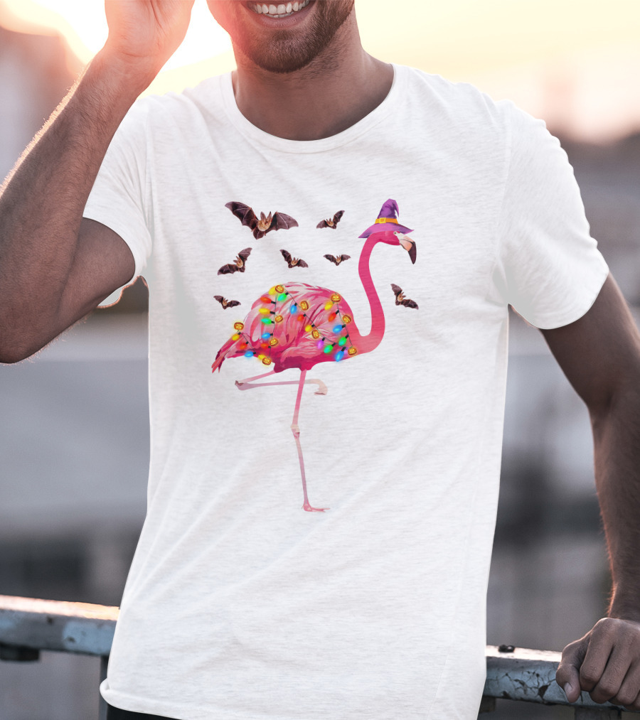 Flamingo In Witch Hat With Halloween Bats And Colorful Lights T-Shirt