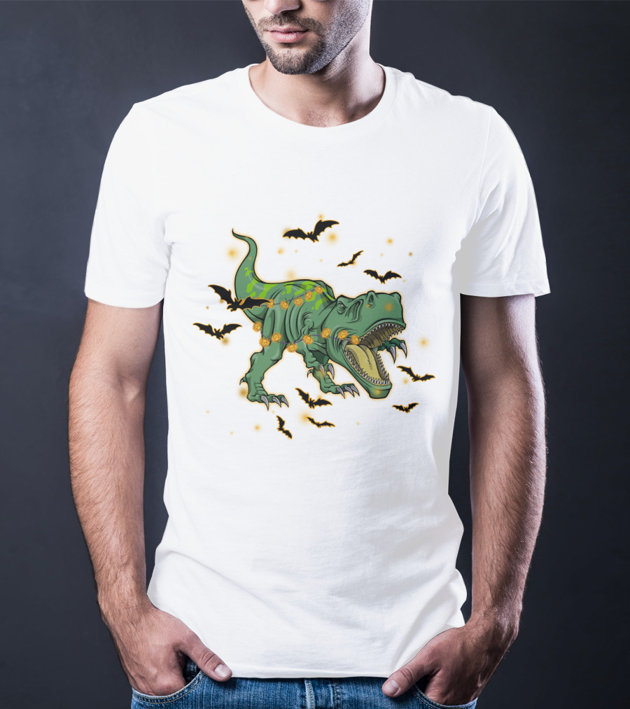 Halloween Saurus Dinosaur With Pumpkin Lights And Flying Bats T-Shirt