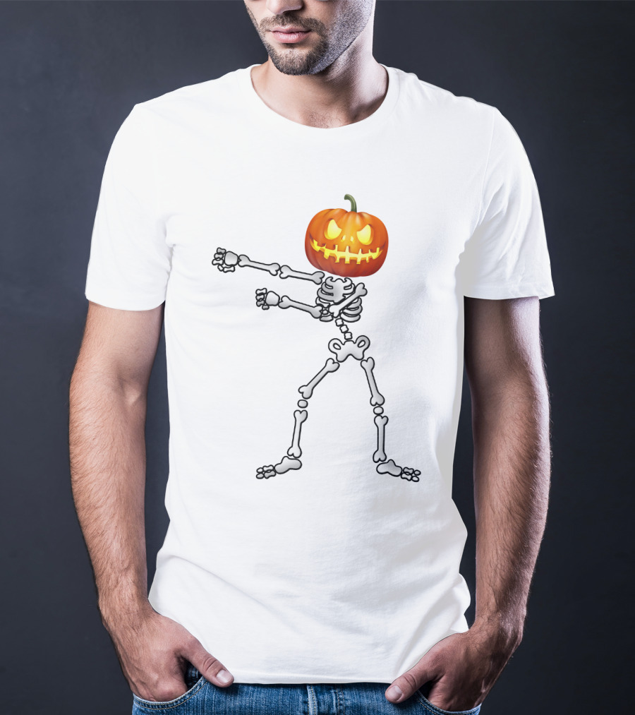 Dabbing Skeleton Pumpkin Head Halloween Dance T-Shirt