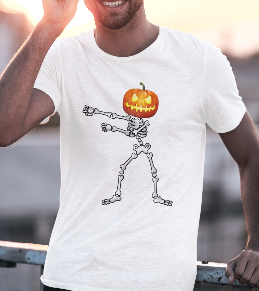 Dabbing Skeleton Pumpkin Head Halloween Dance T-Shirt