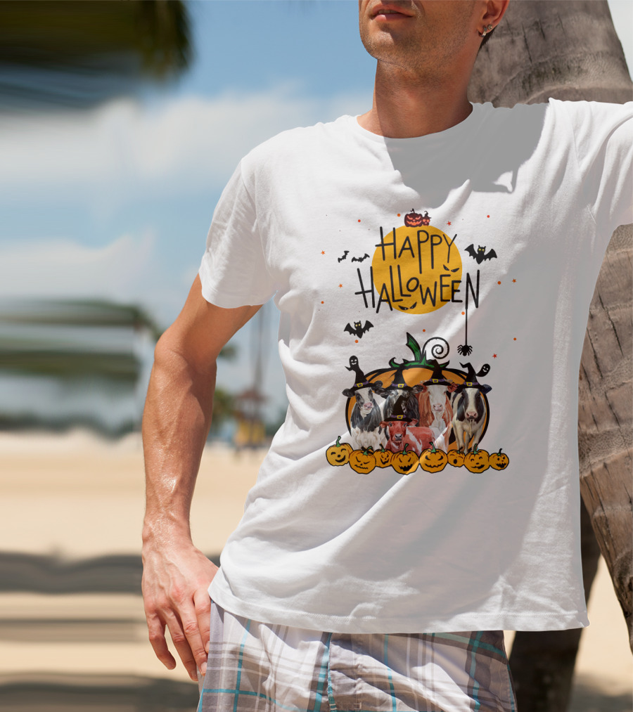 Happy Halloween Cows With Pumpkin Hats And Bats T-Shirt