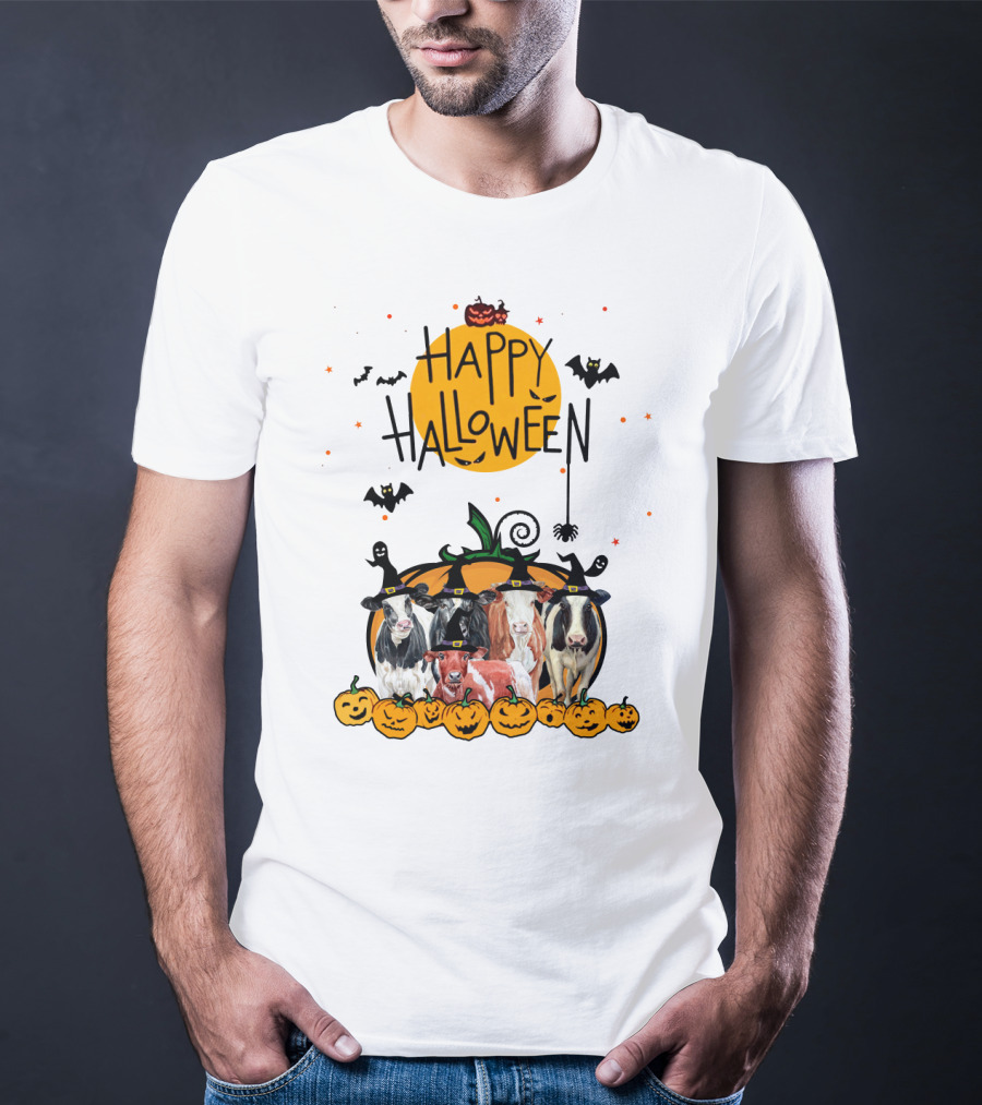 Happy Halloween Cows With Pumpkin Hats And Bats T-Shirt