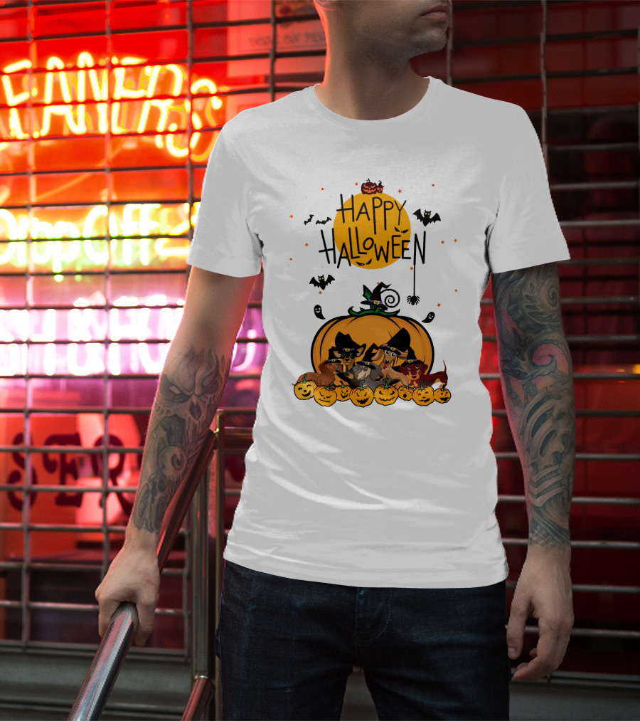 Happy Halloween Dachshunds With Witch Hats And Pumpkins T-Shirt