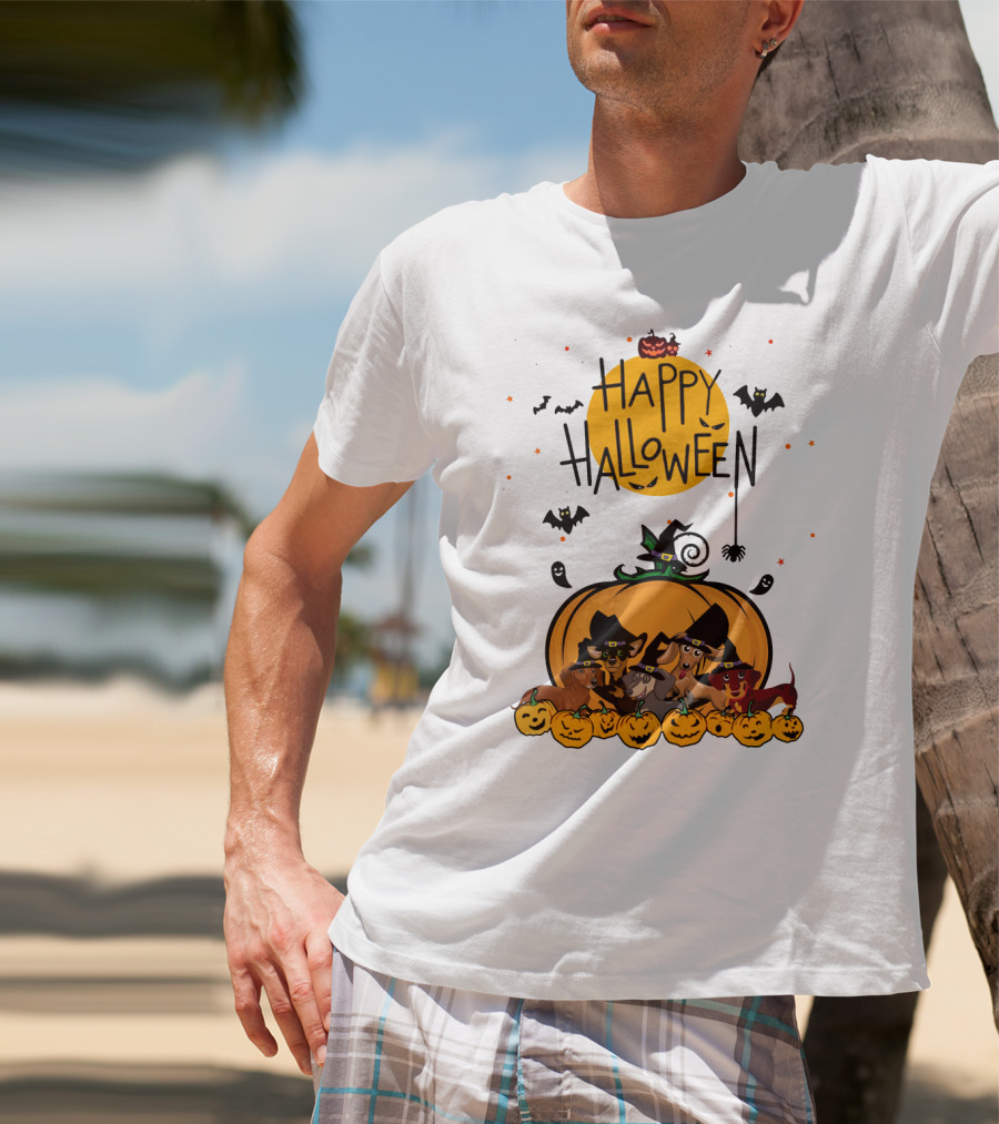 Happy Halloween Dachshunds With Witch Hats And Pumpkins T-Shirt