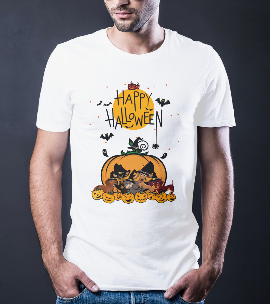 Happy Halloween Dachshunds With Witch Hats And Pumpkins T-Shirt