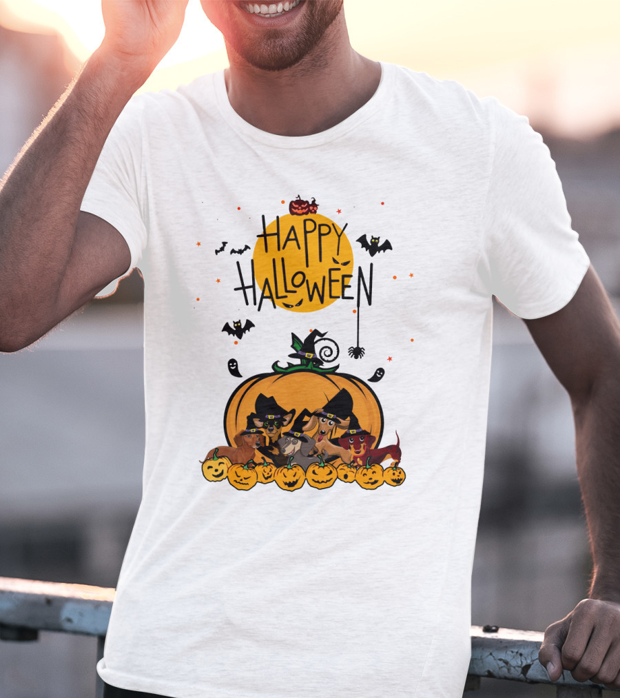 Happy Halloween Dachshunds With Witch Hats And Pumpkins T-Shirt