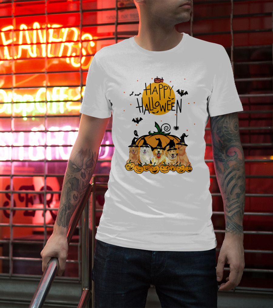Happy Halloween Golden Retrievers In Witch Hats With Pumpkins T-Shirt