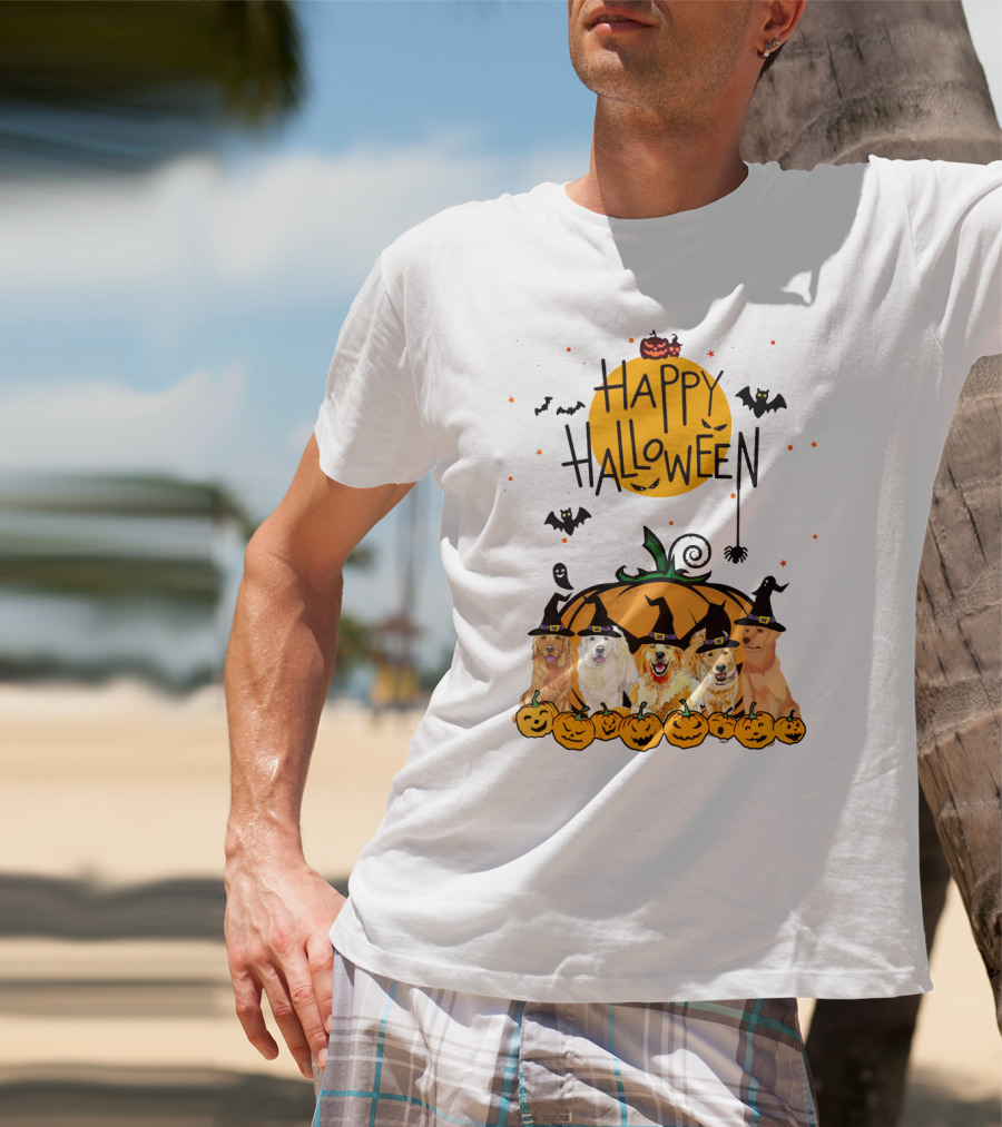 Happy Halloween Golden Retrievers In Witch Hats With Pumpkins T-Shirt