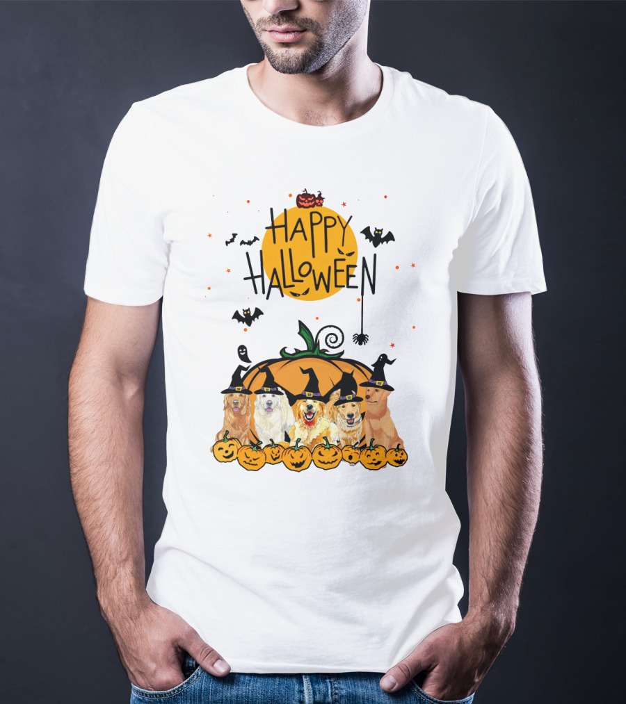 Happy Halloween Golden Retrievers In Witch Hats With Pumpkins T-Shirt