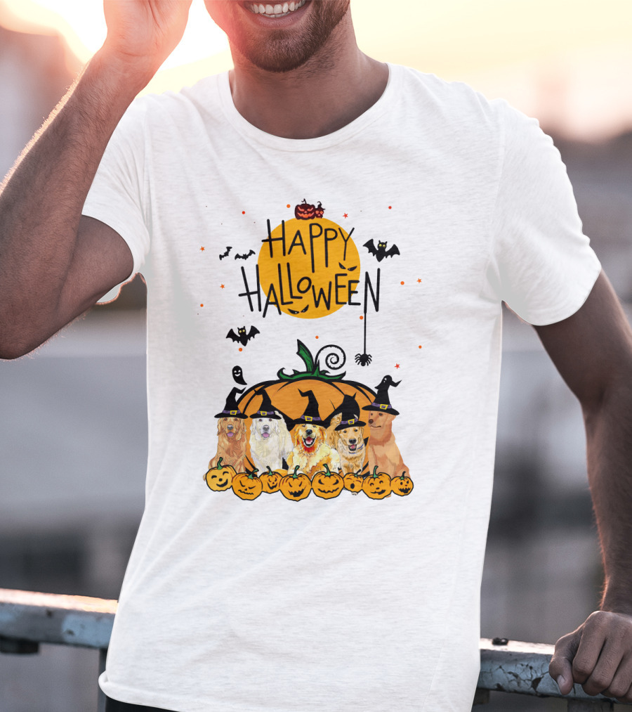 Happy Halloween Golden Retrievers In Witch Hats With Pumpkins T-Shirt