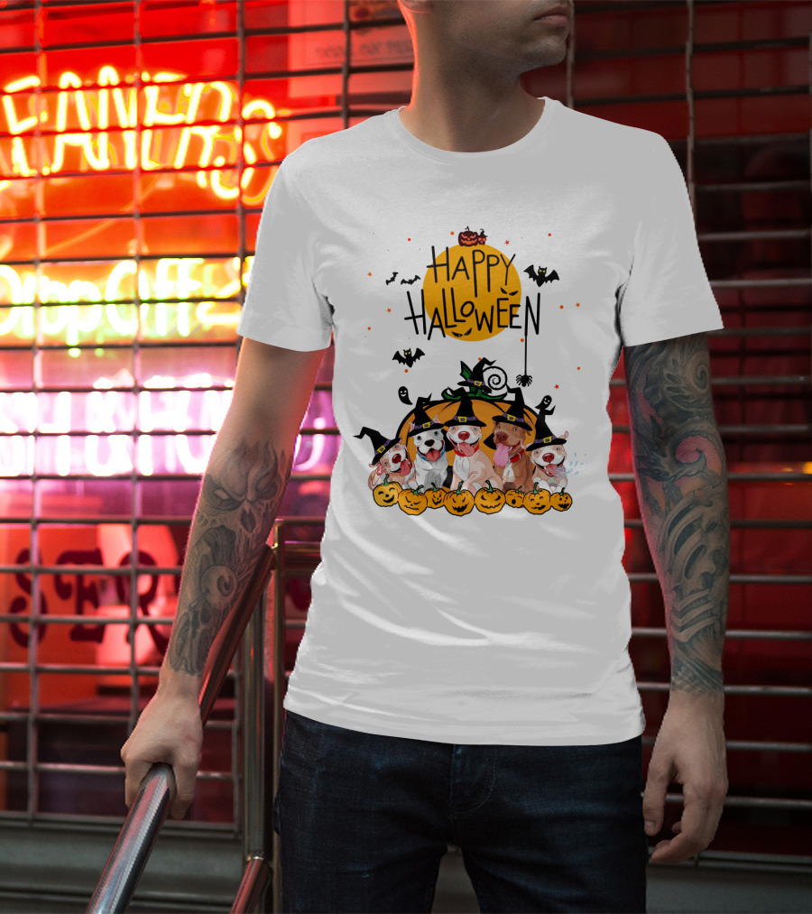 Happy Halloween Pitbulls Witch Hats Pumpkins Bats Ghosts Moon Spooky Dog T-Shirt